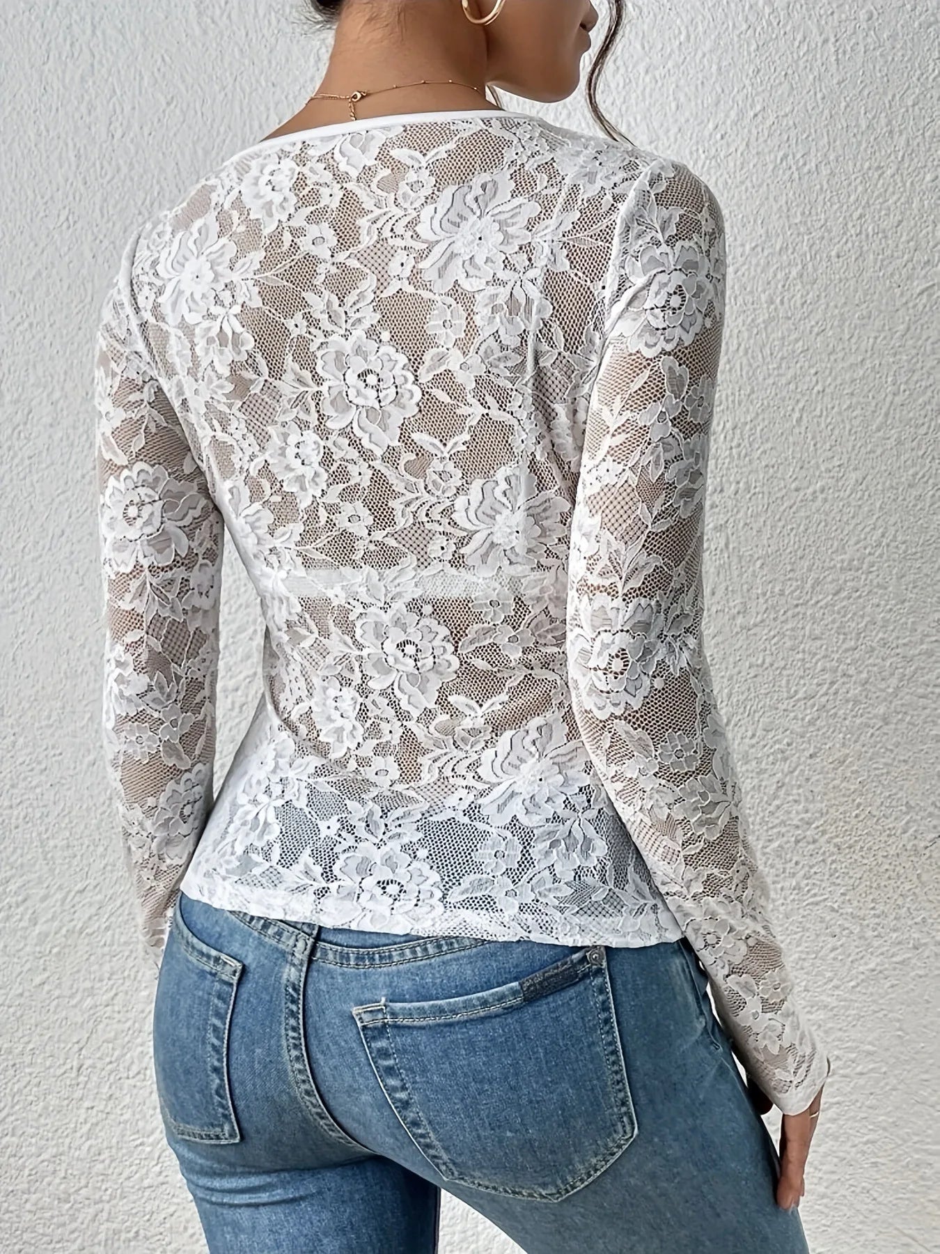 Women Sexy Base Layer Shirt Solid Black Sheer Lace Top Slim Flower Scallop Trim V Neck Long Sleeve T-shirt Trendy Tight Lace Top - -