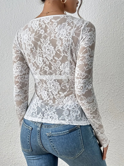 Women Sexy Base Layer Shirt Solid Black Sheer Lace Top Slim Flower Scallop Trim V Neck Long Sleeve T-shirt Trendy Tight Lace Top - -