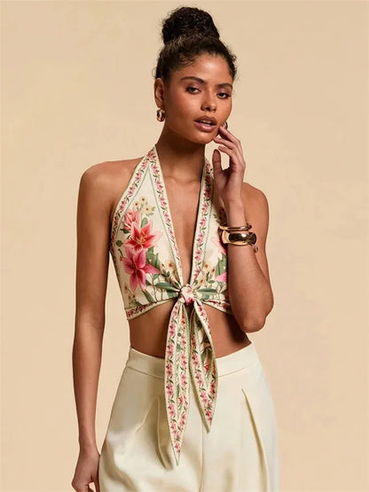 Sexy Knot Front Halter Crop Top for Women Summer Sleeveless Graphic Floral Printed V-neck Backless Tank Top Y2K Clothes - -
