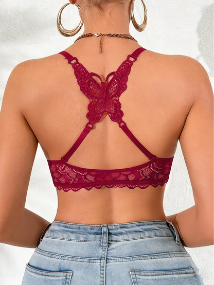 Women's sexy bras Front Buckle Push up bra Removable Back-beautifying lace butterfly pattern Fashionable & Comfortable bra - Red -