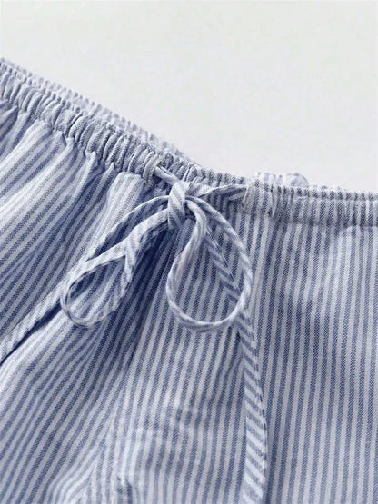Women Striped Short for Summer Drawstring Elastic Waist Shorts Beach Clothes Streetwear - -