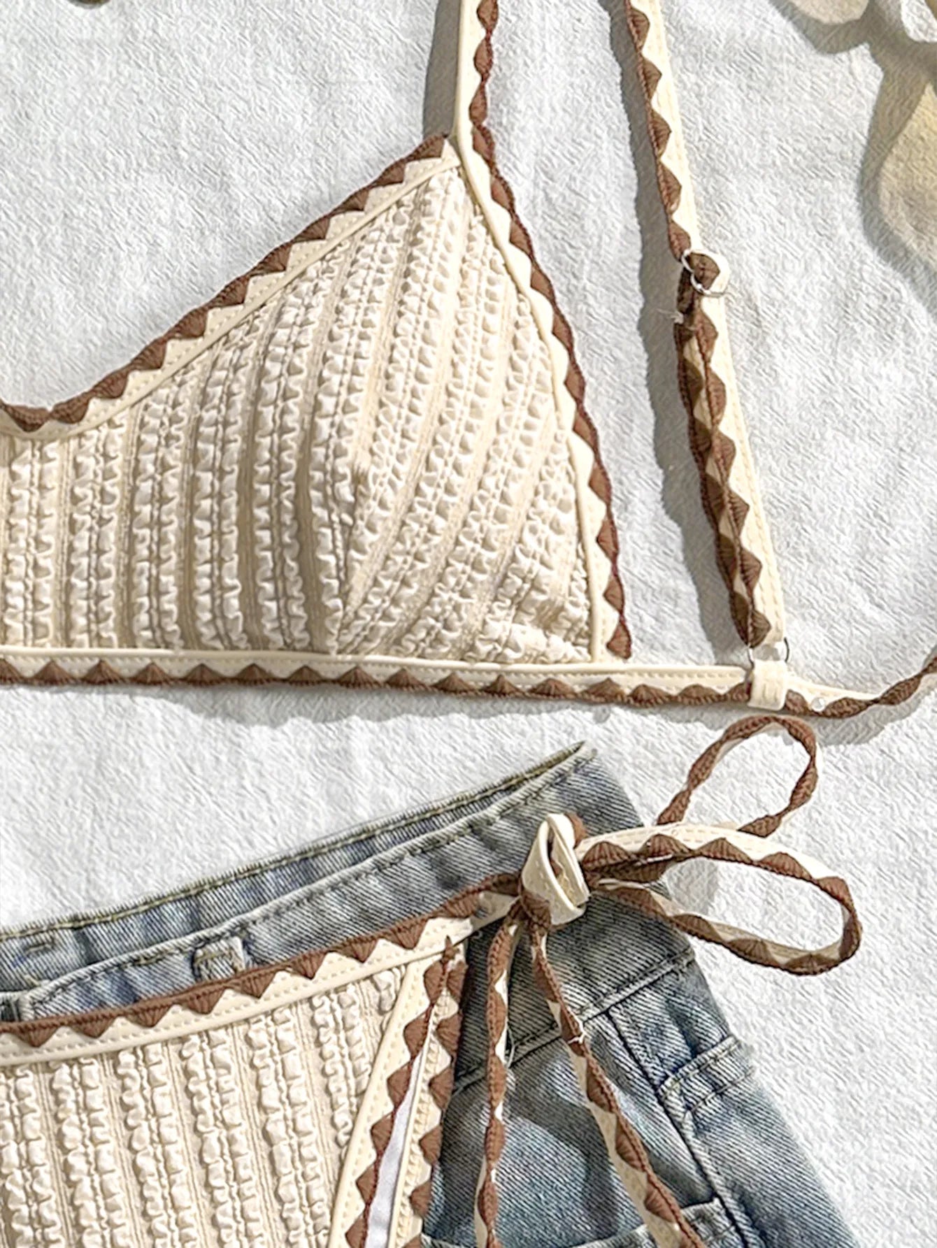 Sexy Triangle Bikini Set 2026 Women Beige Patchwork Pleate Push Up Bra Tie Side Thong Swimsuit Beach Bathing Suit Micro Swimwear - -