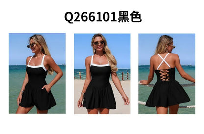 Vintage Black Patchwork Skirt One Piece Swimsuit 2026 Women Back Bandage Cross Pocket Swimwear Beach Bathing Suit Slim Monokini - -