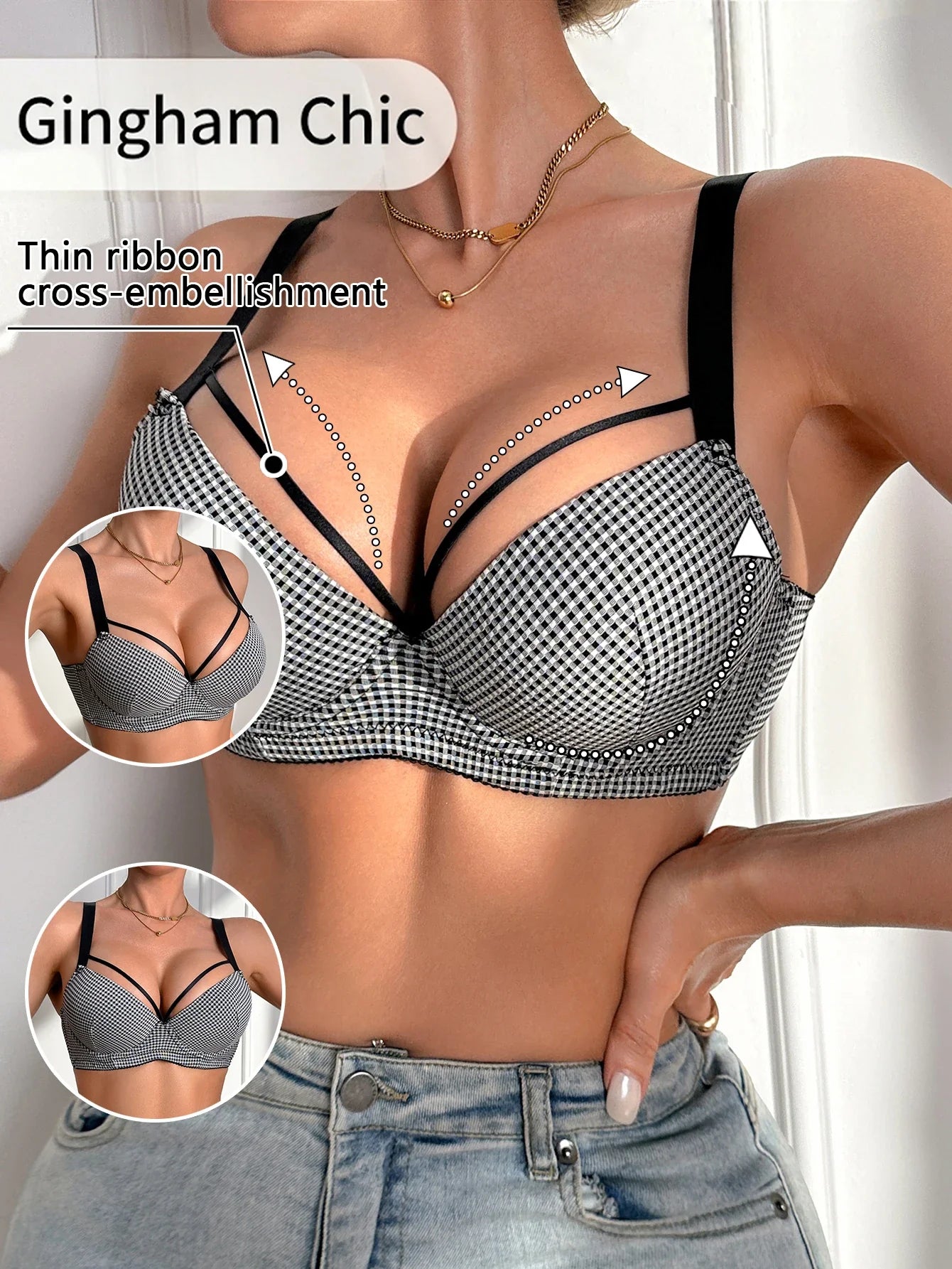 Women's Gingham Push Up Bra Plunge Underwire Underwear Sexy Crisscross Lift Up Comfortable Bra for Daily Wear - -