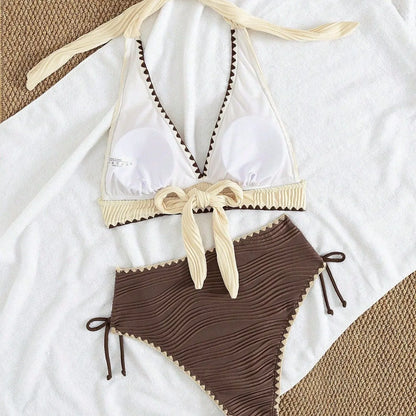 2026 Sexy Khaki Patchwork Two Piece Bikini Set Women Push Up Drawstring Side High Waist Swimsuit Holiday Bathing Suit Swimwear - -