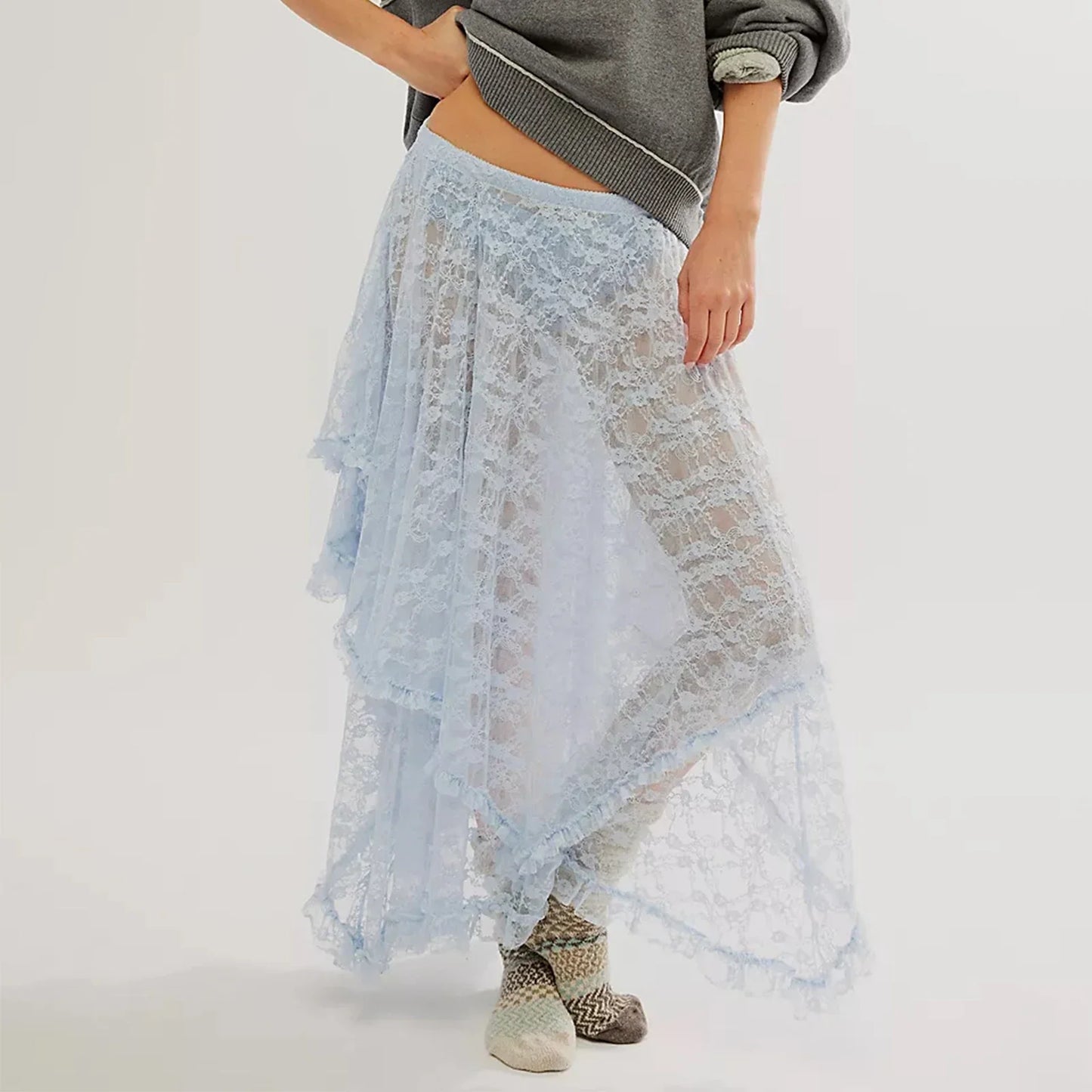 Vintage Lace Flower Women Midi Skirts Elastic High Waist Skirts Spring Summer Chic Irregular Hem Casual Female Skirts - SKY BLUE -