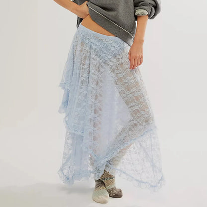 Vintage Lace Flower Women Midi Skirts Elastic High Waist Skirts Spring Summer Chic Irregular Hem Casual Female Skirts - SKY BLUE -
