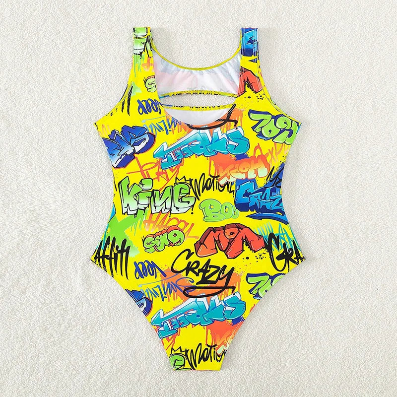 Vintage Yellow Abstract Print One Piece Swimsuit 2024 Women Hollow Out Holiday Bathing Suit Tummy Control Swimwear Beachwear - -