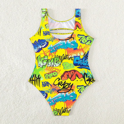 Vintage Yellow Abstract Print One Piece Swimsuit 2024 Women Hollow Out Holiday Bathing Suit Tummy Control Swimwear Beachwear - -