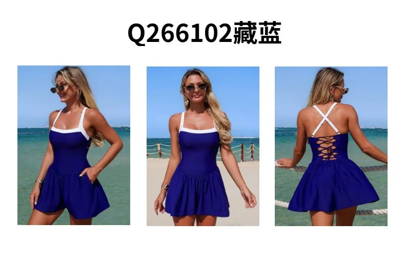 Vintage Black Patchwork Skirt One Piece Swimsuit 2026 Women Back Bandage Cross Pocket Swimwear Beach Bathing Suit Slim Monokini - -