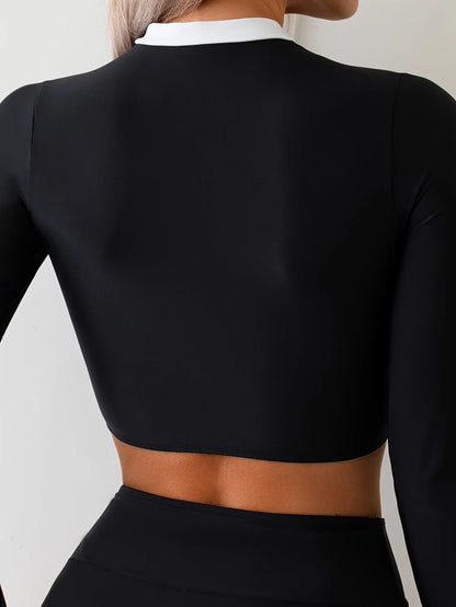 Vintage Black Contrast Bikini 2025 Women Long Sleeve Slim Shirt Top High Waist Sunscreen Swimsuit Beach Bathing Suit Swimwear - -