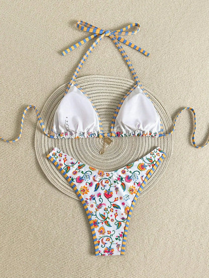 Sexy White Floral Print Micro Bikini 2026 Women Brazilian Push Up Bra Thong Swimsuit Beach Bathing Suit Holiday Swimwear Biquini - -
