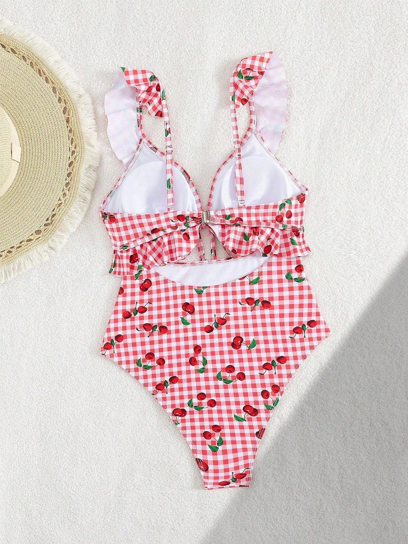 Vintage Pink Starberry Print One Piece Swimsuit 2026 Women Ruffles Bandage Cross High Waist Bikini Beach Bathing Suit Swimwear - -