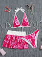 Vintage Pink Floral Print Contrast Bikini Set 2026 Women Drawstring Side Skirt 3 Piece Swimsuit Holiday Bathing Suit Swimwear - Rose Red -