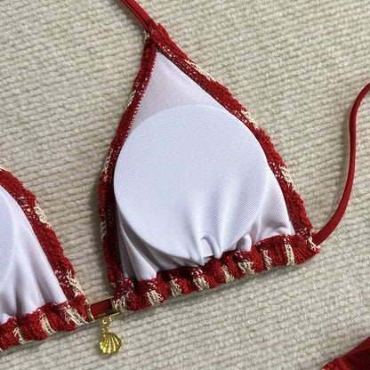Vintage Red Striped Bikini Set 2026 Women Drawstring Long Panties 3 Piece Swimsuit Beach Holiday Bathing Suit Thong Swimwear - -