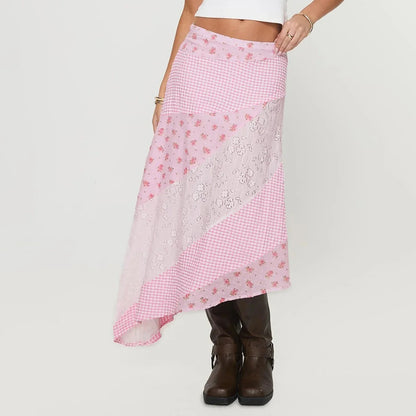 New Irregular Women Lace Flowy Midi Skirt Vintage Low Waist Floral Print Long Skirt Lightweight Summer Sexy Club Party Skirt - -