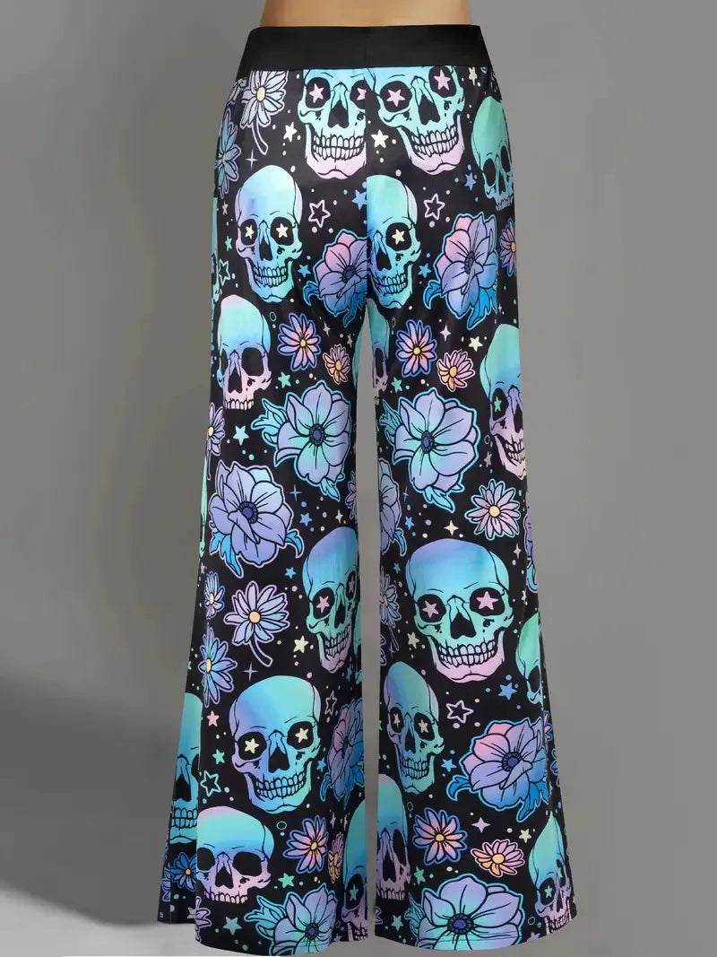 Hallowmas Skull Flower Print Pants Woman 2025 Plus Size Elastic Waist Wide Leg Pant Casual Large Full-length Trousers - -