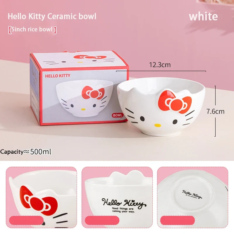 For Sanrio 5Inches Ceramic Rice Bowls Home Cute for Melody& Cinnamoroll& Kuromi Tableware Cartoon Anime Relief Bowl for Children - Hello Kitty White -
