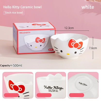 For Sanrio 5Inches Ceramic Rice Bowls Home Cute for Melody& Cinnamoroll& Kuromi Tableware Cartoon Anime Relief Bowl for Children - Hello Kitty White -