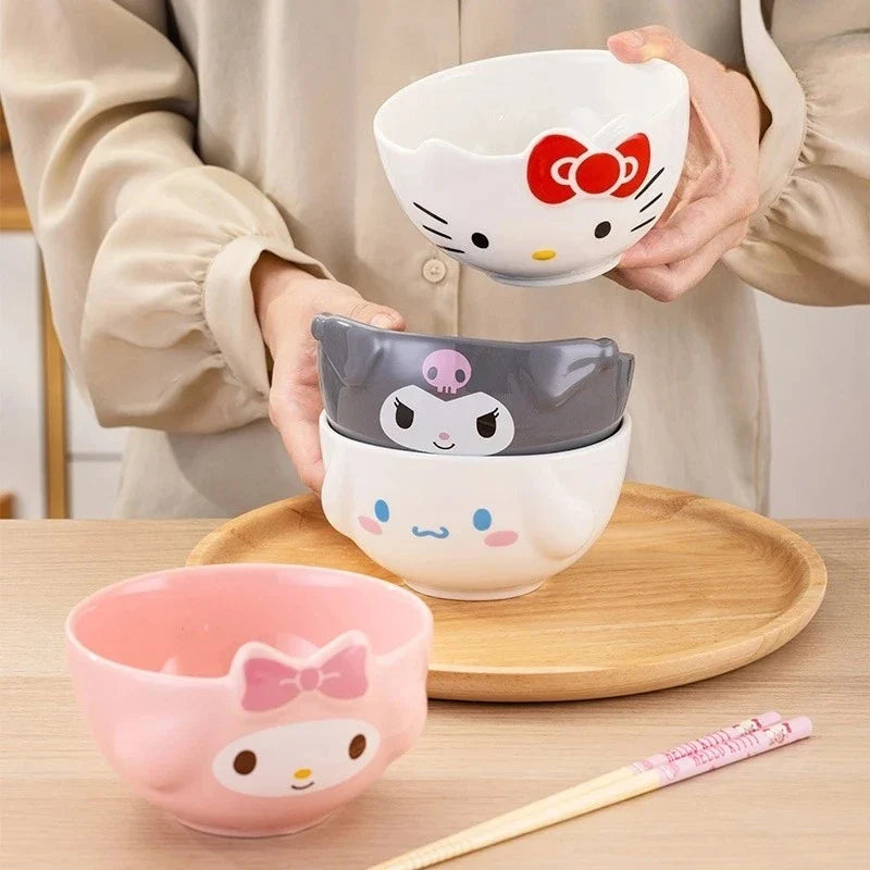 For Sanrio 5Inches Ceramic Rice Bowls Home Cute for Melody& Cinnamoroll& Kuromi Tableware Cartoon Anime Relief Bowl for Children - -