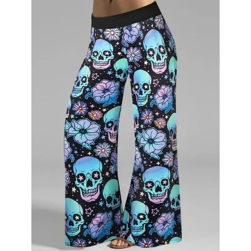 Hallowmas Skull Flower Print Pants Woman 2025 Plus Size Elastic Waist Wide Leg Pant Casual Large Full-length Trousers - Blue -