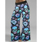 Hallowmas Skull Flower Print Pants Woman 2025 Plus Size Elastic Waist Wide Leg Pant Casual Large Full-length Trousers - Blue -