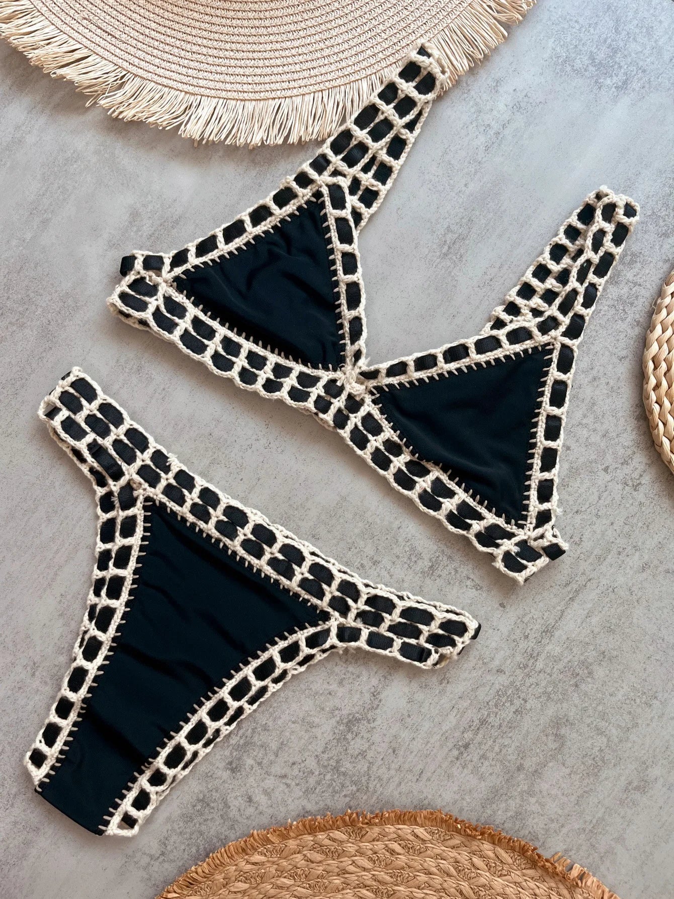 Sexy Black Patchwork Hand Crochet Bikini Set Women 2026 V Neck Push Up Bra Thong Swimsuit Beach Bathing Suit Knitted Swimwear - -