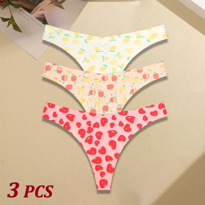 3Pcs Ultra-thin Seamless G-string Women Thongs Sexy Sweet Fruit Low-waist Panties Ladies Soft Cute Thongs Female S-XL T-Back - Set 1 -
