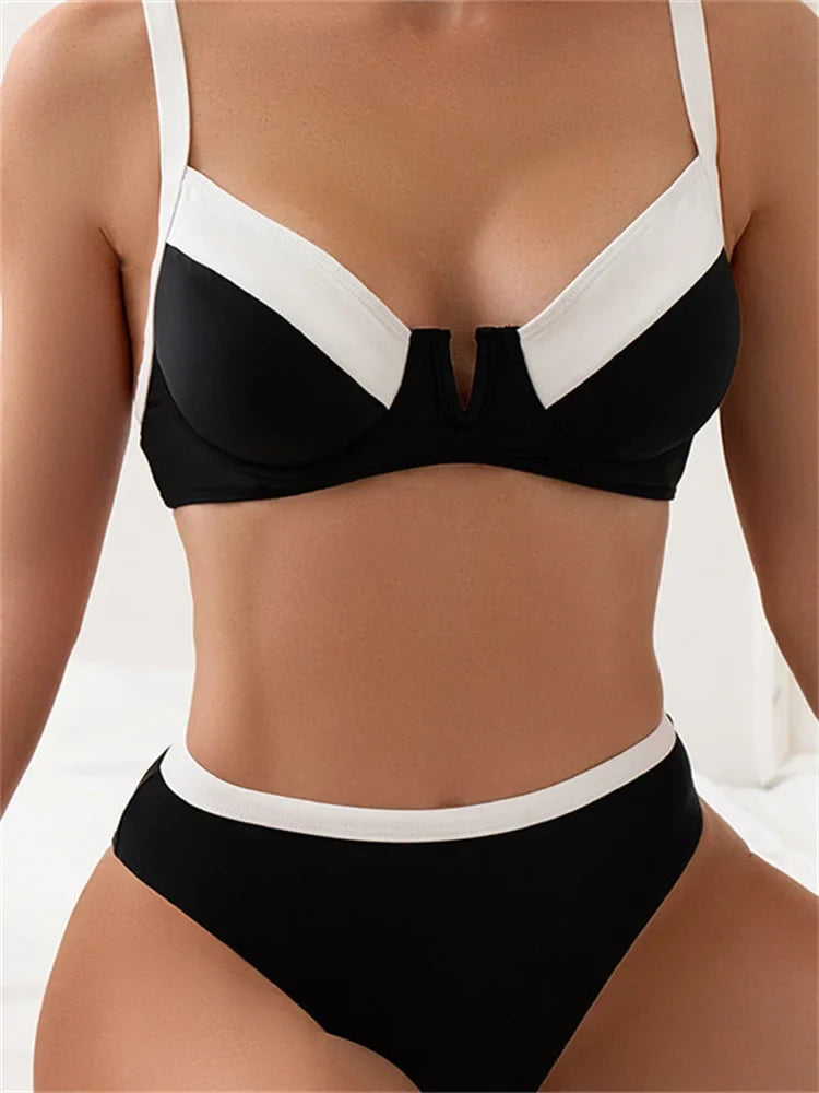 Sexy Black White Patchwork Bikini 2024 Women Halter V Underwire Push Up Micro Swimsuit Beach Bathing Suit High Waist Swimwear - black -