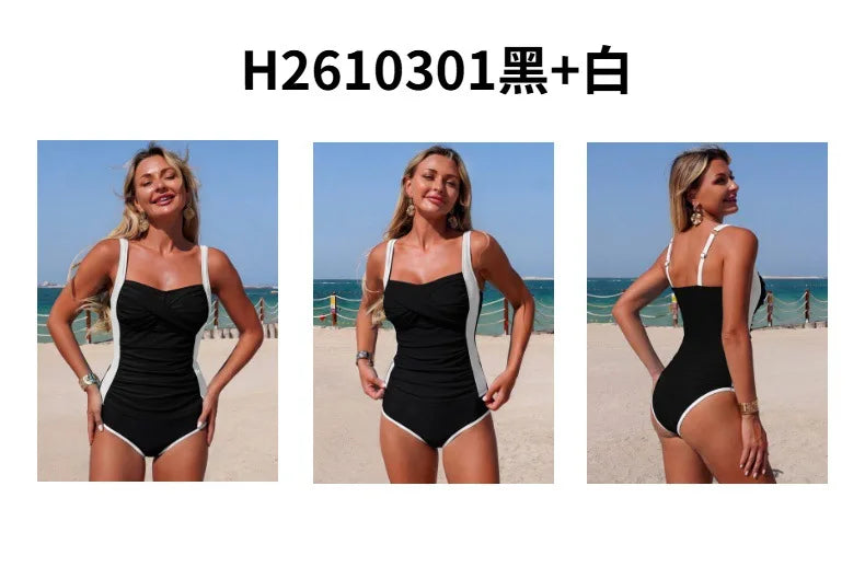 Vintage Black White Patchwork Bikini Set 2026 Women Pleate Slim Cross Tank Top High Waist Swimsuit Beach Bathing Suit Swimwear - -