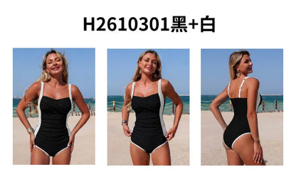 Vintage Black White Patchwork Bikini Set 2026 Women Pleate Slim Cross Tank Top High Waist Swimsuit Beach Bathing Suit Swimwear - -