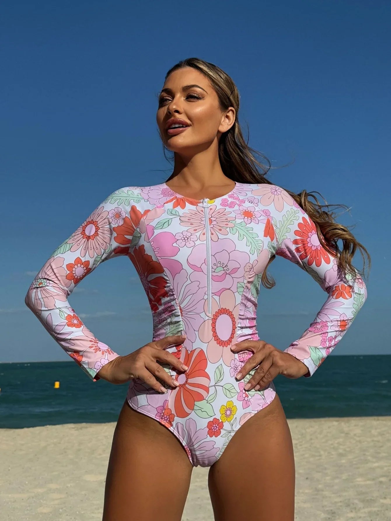 Vintage Pink Floral Print Swimwear Women 2026 Front Zipper Long Sleeve Sunscreen One Piece Swimsuit Bathing Suit Surf Monokini - -