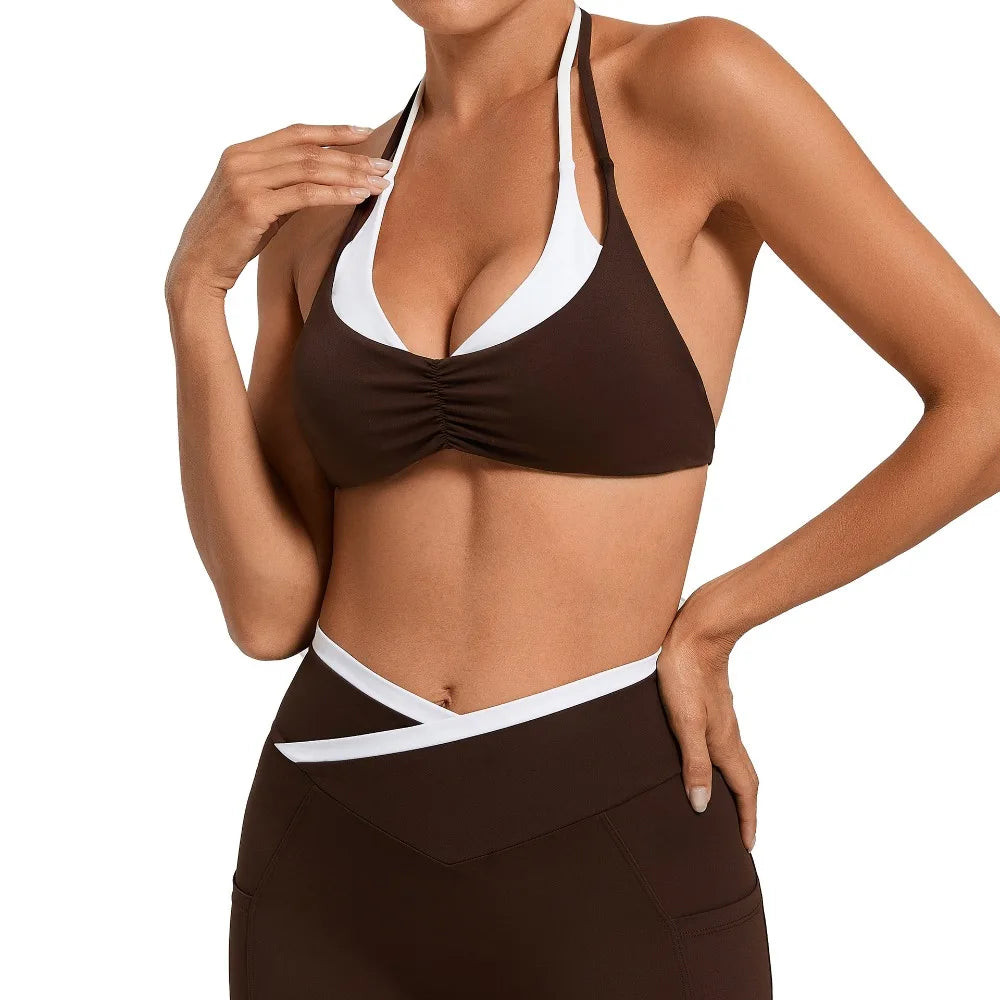 Women's Gym Workout Two-color Yoga Sports Bras Halter Neck Open Back Design Sports Tank Top Running Fitness Built-in Bra Cups - -