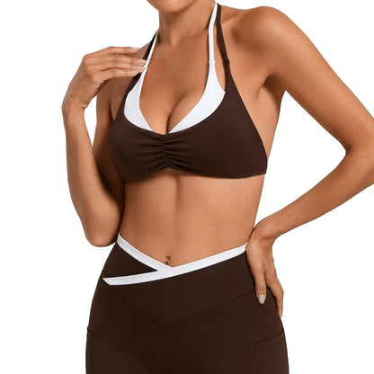Women's Gym Workout Two-color Yoga Sports Bras Halter Neck Open Back Design Sports Tank Top Running Fitness Built-in Bra Cups - -