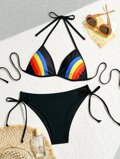 Women's Rainbow Color Bikini Set Sexy Beach Vacation Backless 2 Piece Swimsuit 2024 Summer Bathing Suit Bra Push Up Swimwear - -