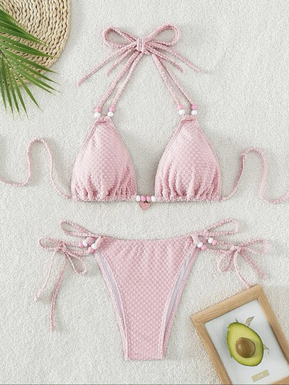 Sexy Pink Bikini 2024 Swimsuit Women White Pearl Strap Push Up Micro Swimwear Brazilian Bathing Suit Tie Side Thong Bikinis Sets - -