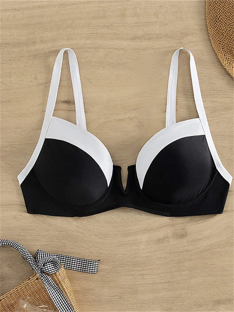 Sexy Black White Patchwork Bikini 2024 Women Halter V Underwire Push Up Micro Swimsuit Beach Bathing Suit High Waist Swimwear - -