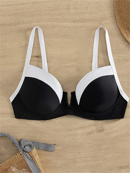 Sexy Black White Patchwork Bikini 2024 Women Halter V Underwire Push Up Micro Swimsuit Beach Bathing Suit High Waist Swimwear - -