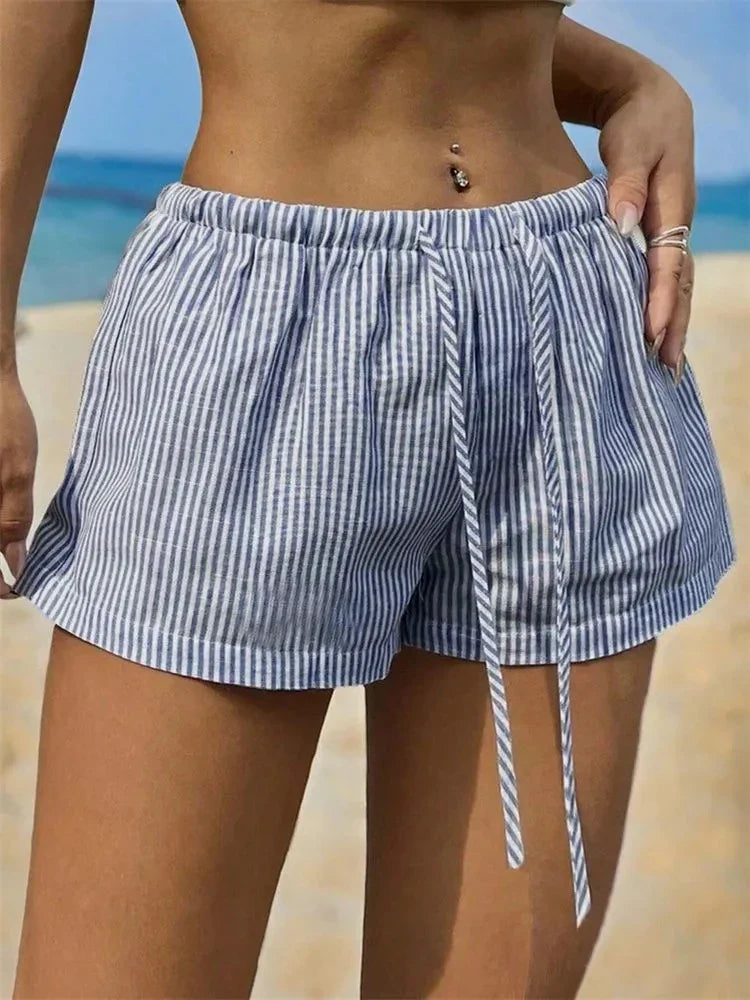 Women Striped Short for Summer Drawstring Elastic Waist Shorts Beach Clothes Streetwear - -
