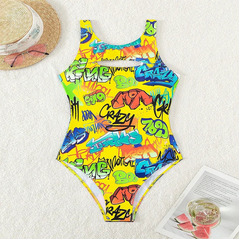 Vintage Yellow Abstract Print One Piece Swimsuit 2024 Women Hollow Out Holiday Bathing Suit Tummy Control Swimwear Beachwear - -