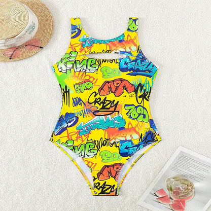Vintage Yellow Abstract Print One Piece Swimsuit 2024 Women Hollow Out Holiday Bathing Suit Tummy Control Swimwear Beachwear - -