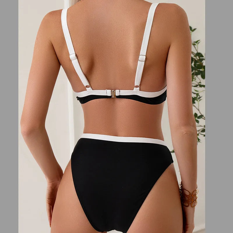 Sexy Black White Patchwork Bikini 2024 Women Halter V Underwire Push Up Micro Swimsuit Beach Bathing Suit High Waist Swimwear - -