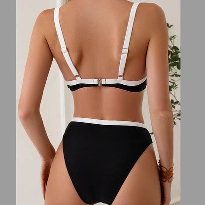 Sexy Black White Patchwork Bikini 2024 Women Halter V Underwire Push Up Micro Swimsuit Beach Bathing Suit High Waist Swimwear - -