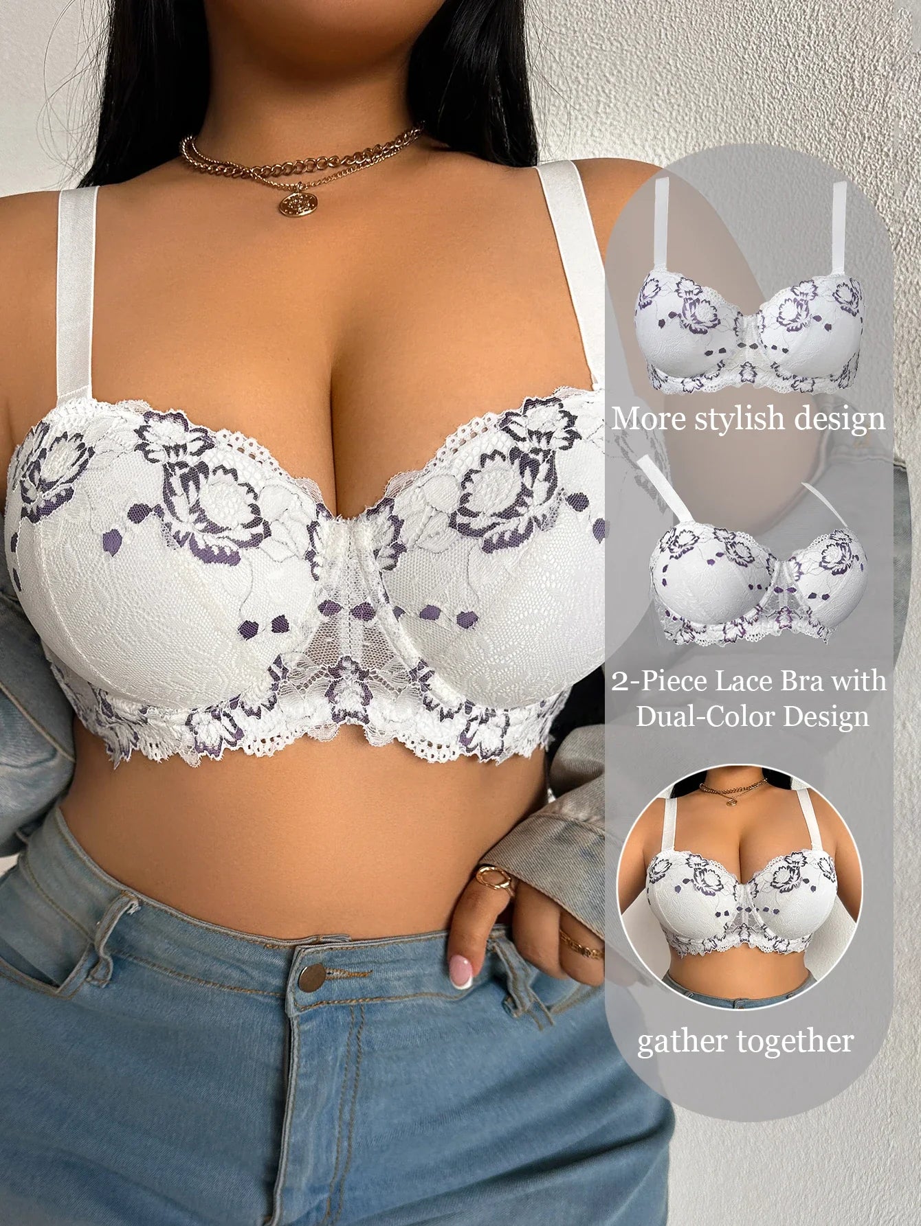 Daily Wide Strap Plus Size Women Bra Lace & Embroidery Push up Bra Comfort Thin Cup Underwire Support Lingerie Bra - WHITE -