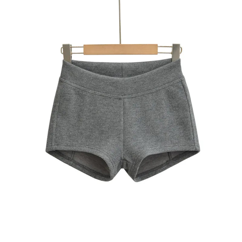 Gray Ribbed Knit Shorts For Women High Elastic Waist Soft Fabric Relaxed Fit Style For Casual Daily Stylish Under Shorts XK6F - -