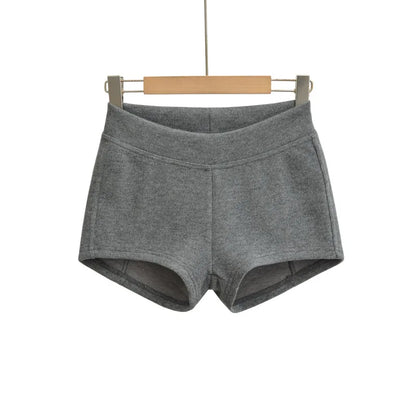 Gray Ribbed Knit Shorts For Women High Elastic Waist Soft Fabric Relaxed Fit Style For Casual Daily Stylish Under Shorts XK6F - -