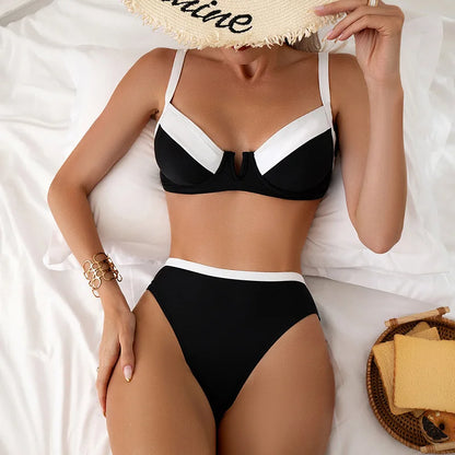 Sexy Black White Patchwork Bikini 2024 Women Halter V Underwire Push Up Micro Swimsuit Beach Bathing Suit High Waist Swimwear - -