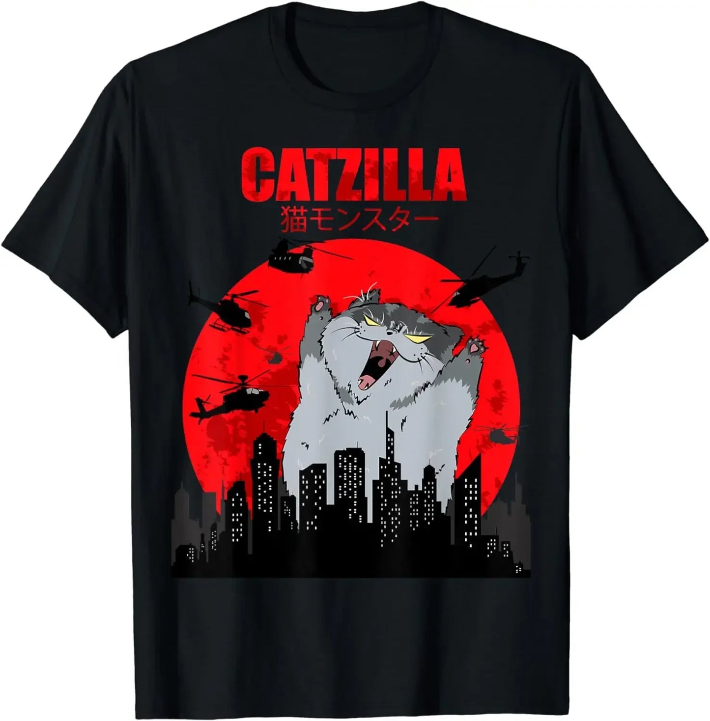 Funny Cute Art Japanese Cat Graphic for Cat Lover Catzilla T-Shirt Graphic T Shirts Women's Clothing Fashion - QL499B-Black -