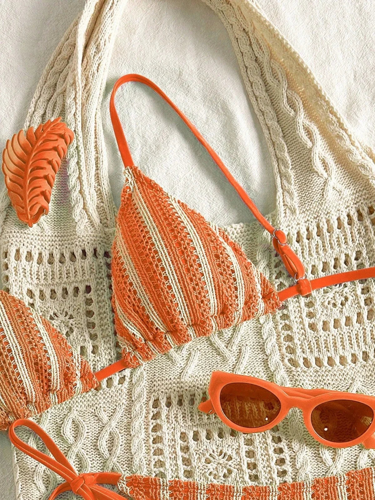Sexy Orange Striped Bikini Set 2026 Women Halter Push Up Bra Tassel Bandage Thong Swimsuit Summer Holiday Bathing Suit Swimwear - -