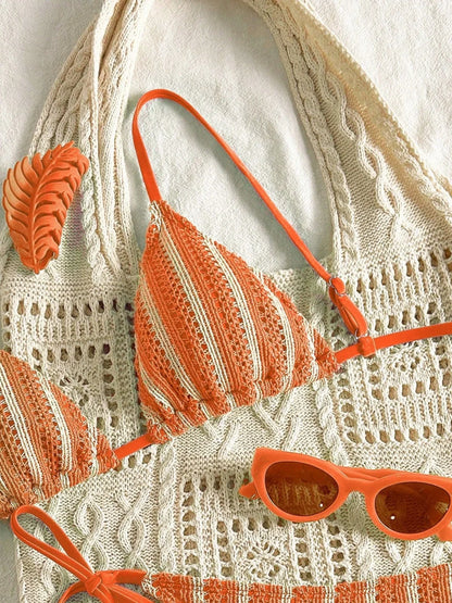 Sexy Orange Striped Bikini Set 2026 Women Halter Push Up Bra Tassel Bandage Thong Swimsuit Summer Holiday Bathing Suit Swimwear - -